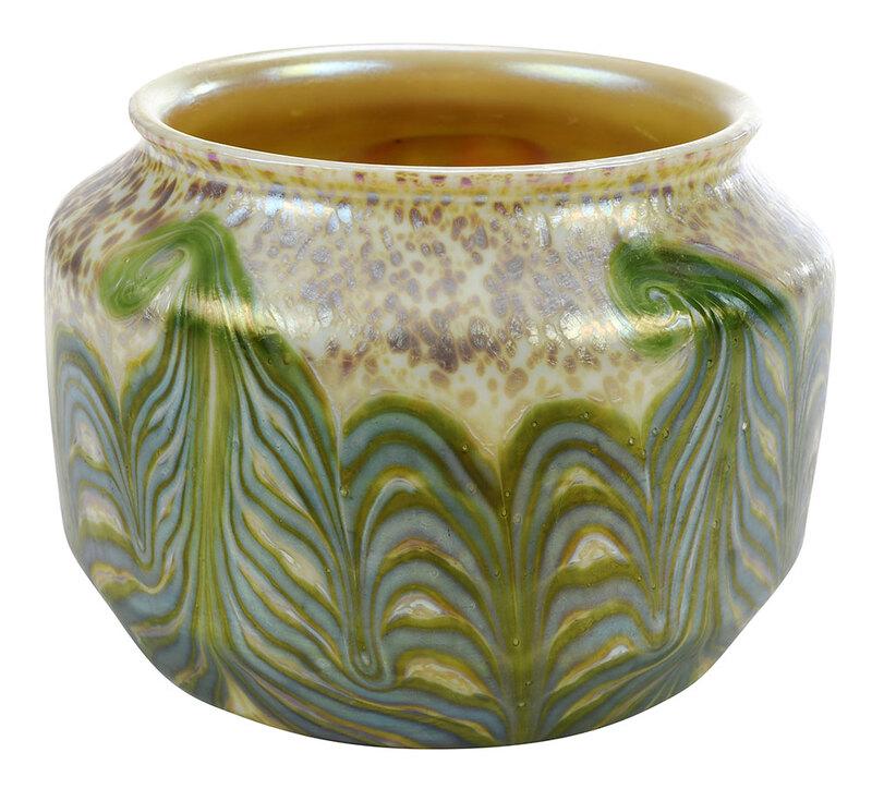 Iridescent "King Tut" Art Glass Vase: probably American, 20th century, gold iridescent speckles, blue and green King Tut decoration, 5-3/8 x 8 in. - Provenance: From The Collection Of The Late Dr. and Mrs. Edward L. McConnell, Atlanta, Ge