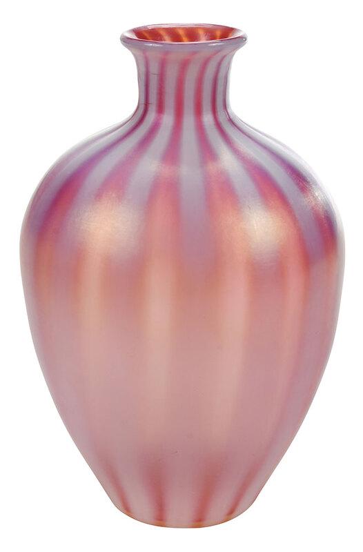 Steuben Oriental Poppy Art Glass Vase: attributed to Frederick Carder, early 20th century, oriental poppy pink vase with optic rib design, 8 in. - Provenance: From The Collection Of The Late Dr. and Mrs. Edward L. McConnell, Atlanta, Geor