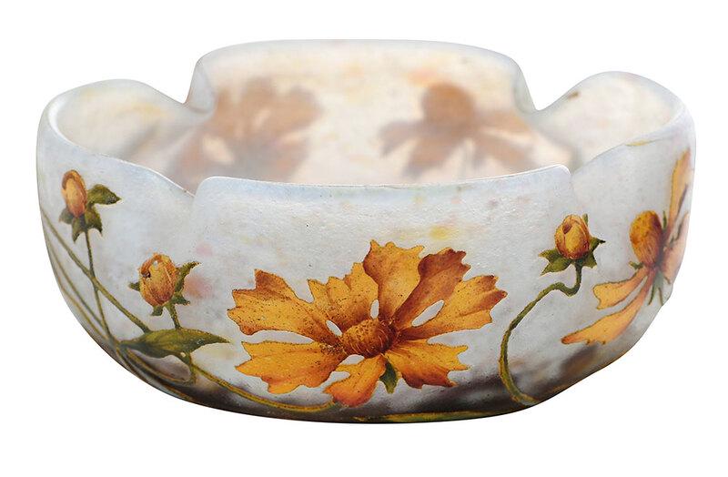 Daum Nancy Cameo Art Glass "Arnica" Bowl: French, early 20th century, lobed bowl acid etched and enameled with arnica flowers, signed "Daum Nancy" with cross of Lorraine and "France", 2-1/5 x 6 in. - Provenance: Private Collection, Brentwood,