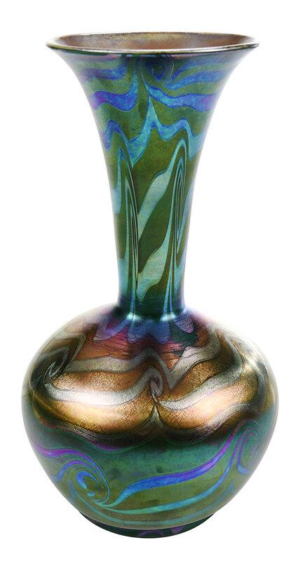 Durand Green King Tut Art Glass Vase: American, 20th century, bulbous base with trumpet neck, green iridescent exterior with pulled silver threads, gold iridescent interior, signed "Durand" with V mark and numbers "1716-12"?, 12 in. - Pr
