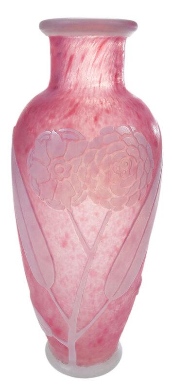 Steuben Acid Cut Back Rosaline Art Glass Vase: attributed to Frederick Carder, early 20th century, alabaster acid cut back to rosaline with large flowers and leaves, acid cut back "Steuben" fleur de lis mark, 11-7/8 in. - Provenance: From The Coll
