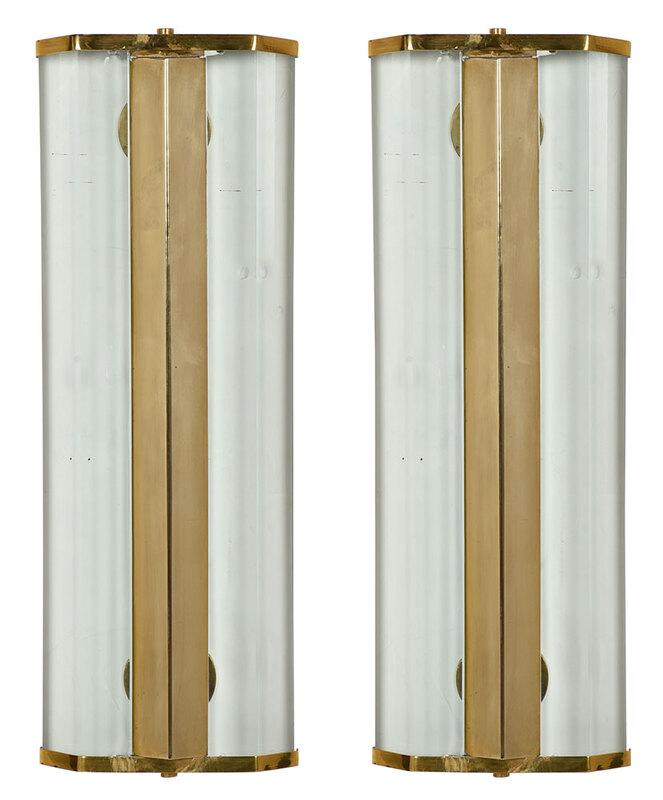 Pair of Large Sconces Attributed to Fontana Arte: Italian, circa 1940s, brass sconces, each with four glass prisms, unmarked, 7-1/2 x 20 in.[Art Deco] - Provenance: Carlton Dailey, Charleston, South Carolina, (lot accompanied by sales listing indicat
