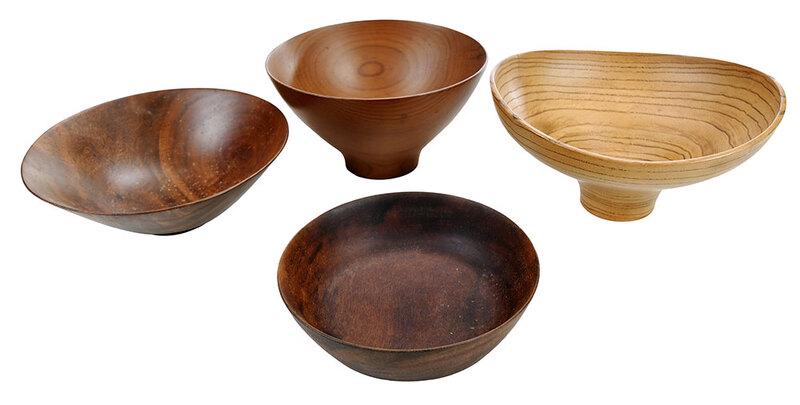 Bob Stocksdale, Four Turned Wooden Bowls: (Indiana, 1913-2003)footed bowl, incised "Ash from Indiana", 4 x 7-7/8 in.; two shallow bowls, etched "Black Walnut from California", 2-3/8 x 7-1/2 in. and 1-1/2 x 6-1/4 in.; conical bowl, etched "Yew