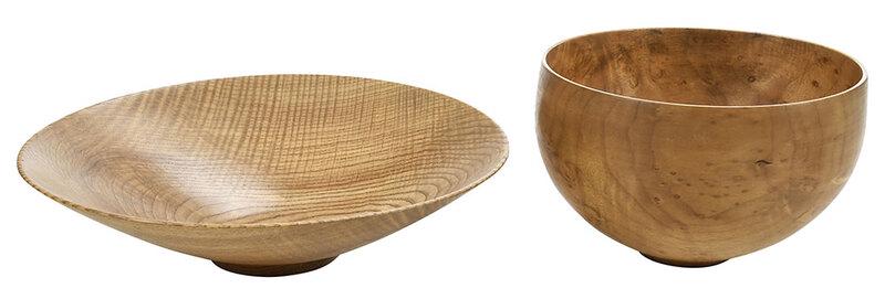 Bob Stocksdale, Two Turned Wooden Bowls: (Indiana, 1913-2003)shallow bowl, etched "Curly Ash from England/Bob Stocksdale/1990", 3 x 11-1/4 in.; round bowl, etched "Myrtle wood from California/Bob Stocksdale", 5 x 7-3/4 in. - Provenance: Pr