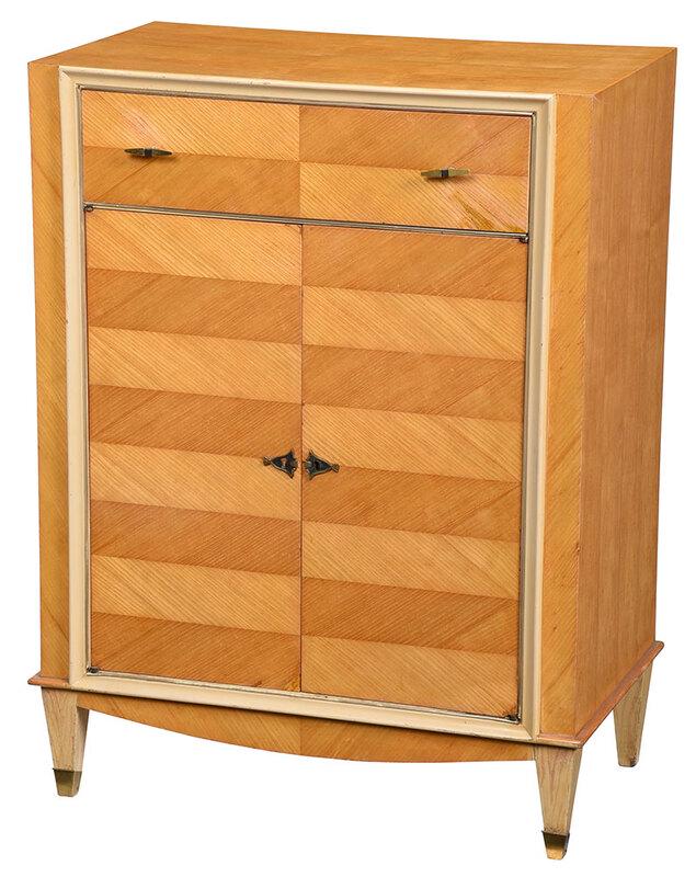 Mid Century Parquetry Veneered White Painted Cabinet: circa 1960s, with single drawer over two cabinet doors, parquetry veneers with white painted moldings, chrome mounts and brass bell form escutcheons, on faux painted tapered legs, 38-1/2 x 30-1/2 x 18