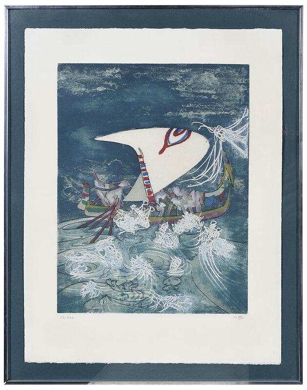 Roberto Matta: (Chile, 1911-2002)L'Odycean, 1975, edition 82/100, from the series Hom'mere Chaosmos, Vol. 1, signed lower right aquatint and etching, plate 19-1/4 x 14-5/8 in., sheet 26 x 19-3/4 in.; metal frame,