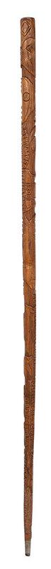 Thomas Jefferson Craddock Carved Folk Art Cane: Virginia, Albemarle County, circa 1895, cane featuring numerous relief carved tributes to Thomas Jefferson including his tomb and the rotunda at the University of Virginia, banners detailing the histo