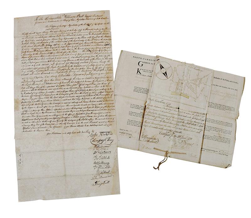 William Bull, Two South Carolina Documents: royal land grant of 100 acres to James Boyle, situated in Berkley County, signed by William Bull, dated Anno 1771, in the eleventh year of our reign, with attached survey; petition, "To the Honourable