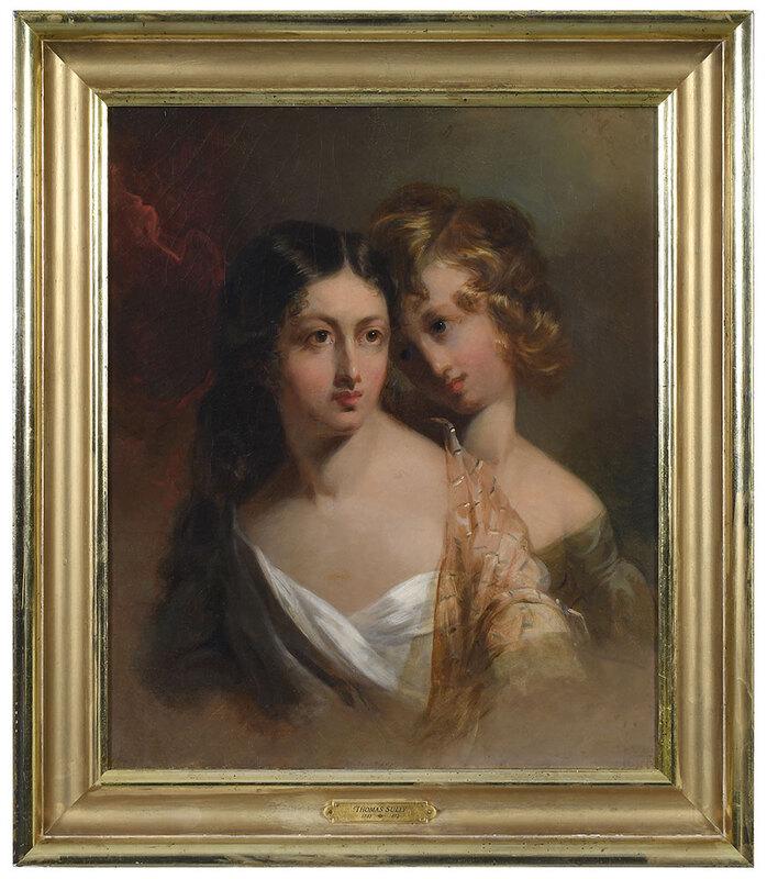 Thomas Sully: (American, 1783-1872)Two Sisters, unsigned, Philadelphia colourman stamp verso, oil on canvas, 24 x 20 in.; reproduction carved gilt wood and composition frame, 30-1/4 x 26-1/4 in. - Note: A number of