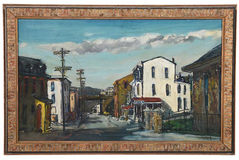 Walter Emerson Baum: (Pennsylvania, 1864-1956)Pennsylvania Street Scene, signed lower right "WE Baum", oil on Masonite, 20-3/4 x 34-1/4 in.; chip carved gilt wood frame, 25 x 38-1/2 in. - Note: Multiple inscriptions verso