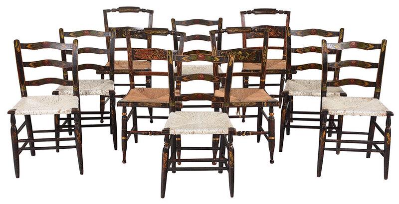 Assembled Set Ten Rush Seat Dining Chairs: American, 19th century, comprising a fine set of six attributed to New York, circa 1840, grain painted ground with yellow, green, and red painted highlights, white painted rush seats, 33-1/2 in.; toge