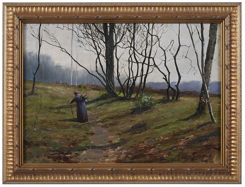 Abbott Fuller Graves: (American, 1859-1936)Gathering Wood, signed lower right "Abbott Graves", oil on panel, 9-1/2 x 13 in.; reproduction gilt wood frame, 11-1/2 x 15-1/4 in. - Provenance: Private Collection, Charlotte, No