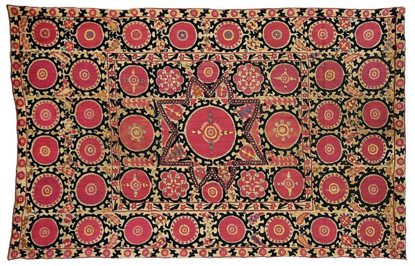 Suzani silk embroidery,: finely stitched on joined panels with round medallions, rectangular central panel with central star, jute or linen ground, some drawn pattern visible, Uzbekistan, 19th century, 6 ft. x 9 ft. 2 in. Mou