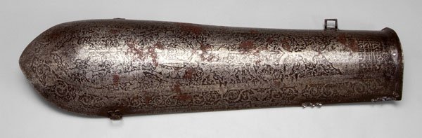 Iron arm defense,: detailed surface decoration with scrolls and vines bordering animal and human figures, probably Indian, 17th-19th century, 14-1/2 in. Surface wear and scattered light rust, lacking one buckle, several