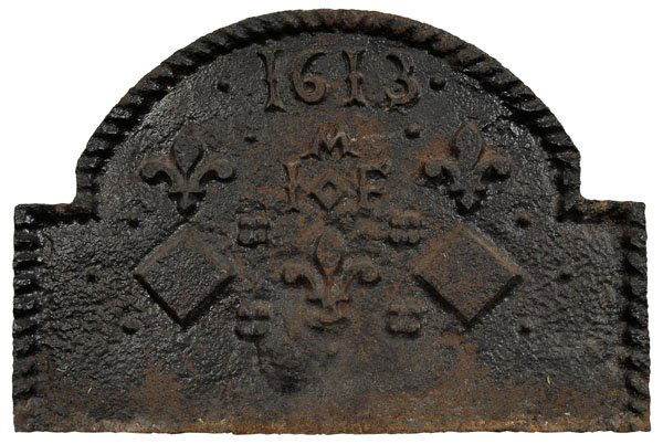 French cast iron fire back, 1613,: [fleur-de-lis] decoration, initials "IMF" and date of 1613, French, possibly 17th century, 19 x 28-1/2 in. Extensive surface rust and corrosion consistent with age and use, minor losses at edges.