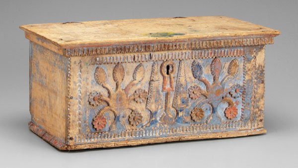 Spanish Colonial painted chest,: lift top with carved floral and tree designs in relief with fluted borders and polychrome decoration, original tang hinges, nailed construction, possibly Spanish Colonial, probably 19th century, 10-3/