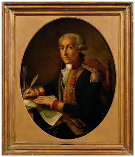 Portrait of Marquis de Lafayette,: in the uniform of the National Guard, seated and writing at a table, in the style of Henri Pierre Danloux, French, 1753-1809, oil on canvas, 36 x 29-1/8 in.; 19th century wood frame. Original canvas t