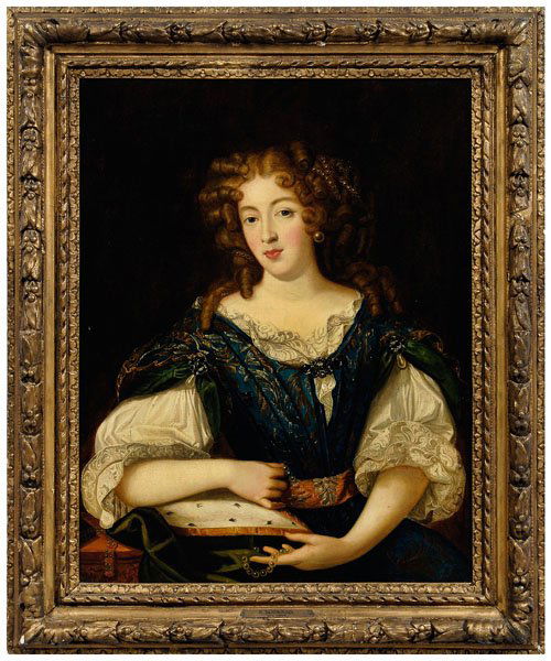 Painting after Mignard,: [Comtesse de Champigny,] possibly Anne-Marie Louise d'Orleans, Duchesse de Montpensier, Dame de Champigny or known as "Le Grande Mademoiselle", monogram lower right "P.M.", after Pierre Mignard I, Fre