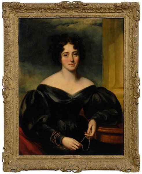 Portrait attributed to Lawrence,: said to be "Lady Mary Temple" (possibly Lady Mary Templetown, 1774-1824(?)) with arm resting on a table and wearing a black dress and holding a gold chain, unsigned, attributed to Sir Thomas Lawrence,