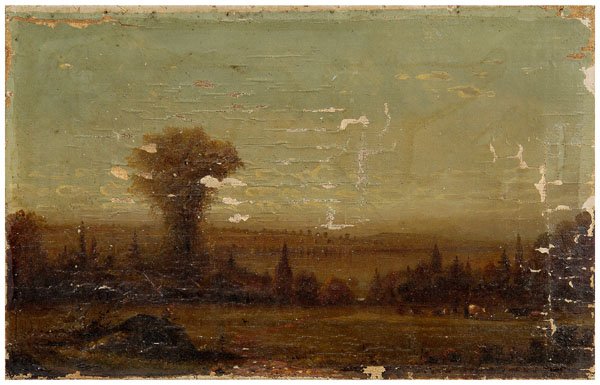 19th century American School painting,: panoramic landscape with cows and distant lake, unsigned, oil on canvas, file reference to Hendrik-Dirk Kruseman Van Elten, Dutch/American, 1829-1904, unframed, 7-3/8 x 11-5/8 in. Deteriorating edges,