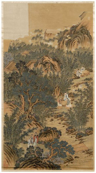 Chinese hanging scroll,: ink and pigment on paper, scholars beside a stream in a wooded landscape, five red seals lower left, wood scroll caps, 19th century, image 67-1/2 x 36 in., scroll 75 x 40 in. Work remounted with loss