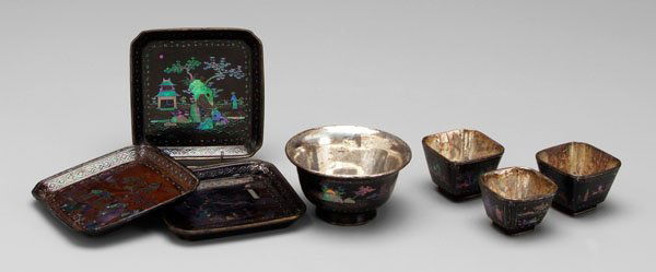 Seven pieces Chinese [lac burgaute,]: black lacquer with abalone and metal inlay of figures in gardens, bowl and three cups with silvered copper linings on interior and feet, trays with silvered copper rims: bowl, 2 in., [rim and foot wit