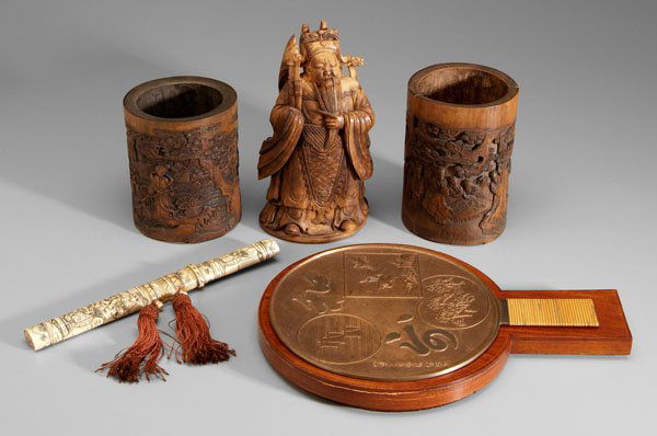 Five Asian items: Japanese knife, carved bone hilt and scabbard, 11-3/4 in., [hilt with separation, base of scabbard with crack;] Japanese bronze hand mirror, silvered surface, verso with cartouches of cranes, pines, b