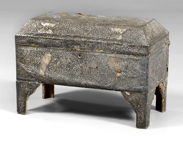Repousse coffer,: carved wood body with silver foil, repousse flowers, fruit, birds, urns, interior with till, lidded mirror, red velvet lining with silver trim, possibly Tunisian, late 19th/early 20th century, 19-3/4 