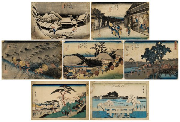 Seven Japanese woodblock prints:: Ando Hiroshige (1797-1858), 53 stations of the Tokaido, four from the [Hoeido] edition, [Kanbara,] [Goyu, ][Shono,] [Otsu,] 9 x 13-7/8 in., [all trimmed, laid down on paper, pest damage with retouch, 