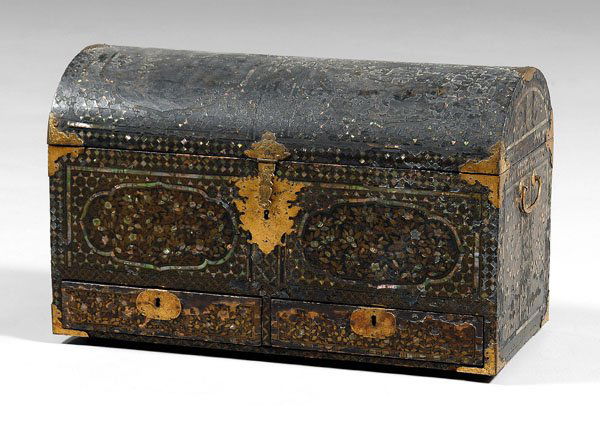 Japanese [namban] lacquered coffer,: domed lid, two drawers, elaborate bronze fittings, gold [maki] and abalone inlay, cartouches with birds, trees, back and interior with leafy vines, 16th or 17th century, 15-3/4 x 25-1/4 x 12-1/2 in. E