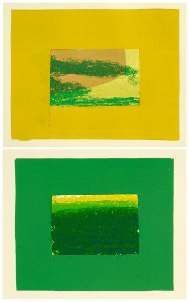 Two Howard Hodgkin prints: (British, born 1932): "Indian Views", yellow stamped verso "F" and signed lower center in pencil "25/27 Hodgkin 71", green stamped verso "K" and signed in pencil lower center "25/27 Hodgkin 71", serig