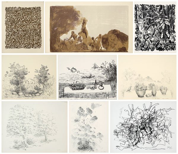 Nine lithographs:: abstract and figural subjects, artists include Goldblatt, Leon Harte, Goodborgh, American, 20th century; detailed listing available. Provenance: Property of the Hickory Museum of Art, Hickory, North C
