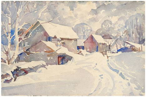 John Pierce Barnes watercolor: (Pennsylvania, 1892-1954), winter landscape with farm buildings, signed lower left "John P. Barnes", watercolor over pencil on paper, unframed, 12 x 18-1/8 in. Foxing, light toning, laid down on cardb
