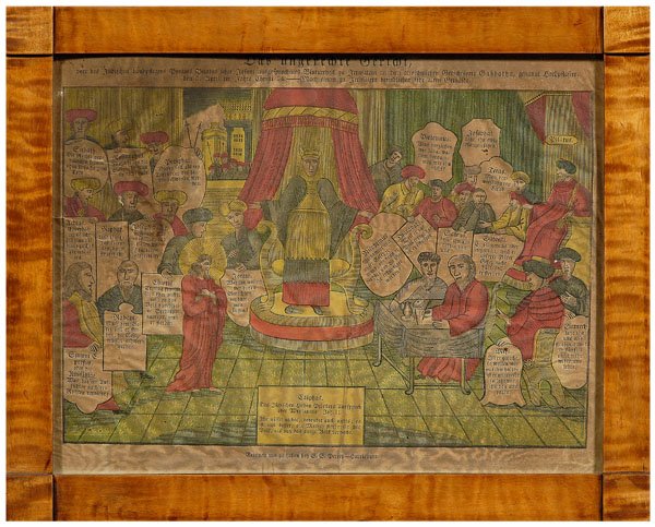 Gustav S. Peters fraktur: (Harrisburg, Pennsylvania, circa 1796-1847), depicting Christ before Caiphas and others, Pilate to the right, signed in plate at bottom, color engraving on paper, 9-7/8 x 13 in.; 19th century maple ve