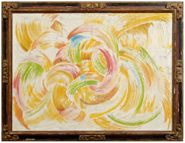 Painting attributed to David Webb: (Asheville, North Carolina/New York, 1926-1975), abstract composition, oil on canvas, 36 x 48 in.; early 20th century carved and painted wood frame. 1/4 in. hole lower right; frame with abrasions and