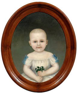 19th century portrait of child,: possibly a memorial portrait, child holding unopened white roses, unsigned, oil on canvas, possibly American School, 20 x 16 in.; original wood frame. Restretched on original stretcher, lined with wax