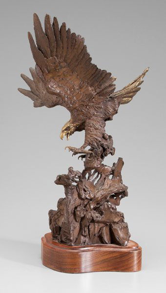 Lorenzo Ghiglieri bronze eagle: (Oregon, born 1931), American bald eagle, 1981, edition 59/100, "© Lorenzo Ghiglieri", patinated bronze, 17 in. with wood base; accompanied by artist's brochure. Good condition.