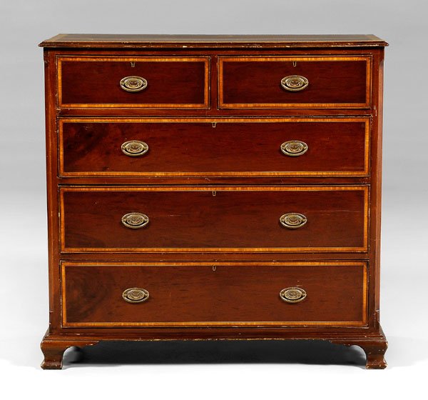 George III style mahogany chest,: satinwood banded top and drawers, five dovetailed drawers with oak and pine linings, ogee bracket feet, British, 19th century, 43 x 45-1/2 x 20 in. Feet replaced, cracks and some warping to top, other