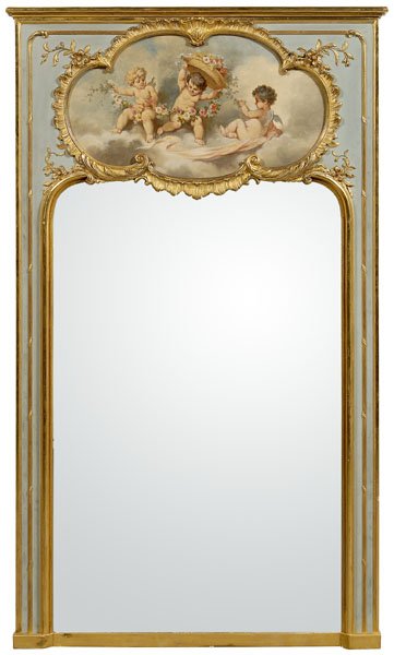Louis XV style trumeau mirror,: oil on canvas panel depicting three winged [putti] weaving garland of flowers, carved and gilt surround, beveled mirror plate, French, late 19th/early 20th century, 75-1/2 x 44-1/2 x 2-1/2 in. Cracks 