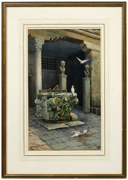 Edith Pradez watercolor: (Swiss, 1836-1894), architectural elements with doves and sculptural busts of two men, signed and inscribed lower left "E. Pradez/Venezia", watercolor on paper, 20-7/8 x 12-1/2 in.; modern gilt and pa