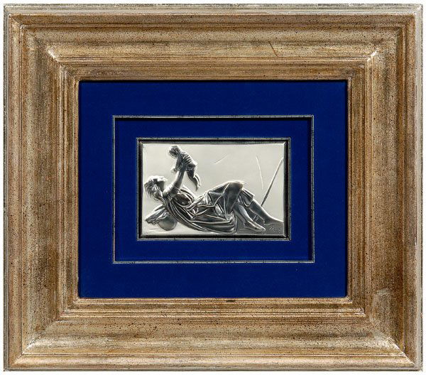 Giacomo Manzu bronze: (Italian, 1908-1991), [La Pace,] edition 344/499, silver plated bronze plaque, 5-1/4 x 8 in. (sight); modern gilt wood frame; accompanied by book [Giacomo Manzu,] edited by Fabbri, Milano, 1995. Sligh