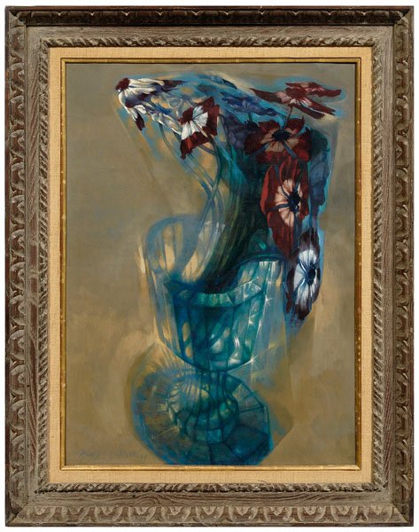 Carlyle Brown painting: (American, 1920-1963), cubist style still life with vase of flowers, signed lower left "Carlyle Brown 58", oil on canvas, 27-1/2 x 19-3/4 in.; painted wood frame with canvas and gilt sight liner. Orig