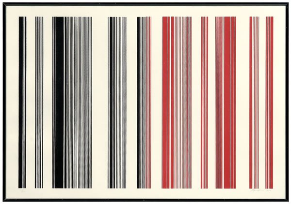 Gene Davis silkscreen: (American, 1920-1985), "Verticals Black to Red", signed in pencil lower right "Gene Davis 1983", artist's blindstamp lower left "95/250", silkscreen on heavy card, plate 24-1/4 x 36 in., page 28 x 40
