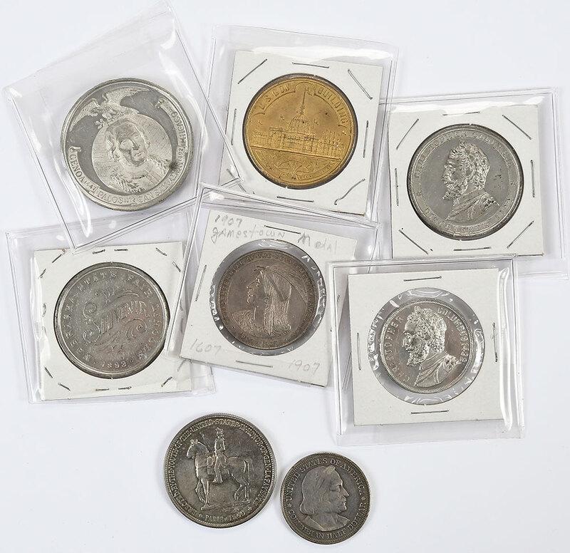 Lafayette Dollar and Assorted Medals: eight total pieces, Lafayette Commemorative Dollar; 1893 Columbian Exposition Half Dollar, modified to a locket with interior photograph; 1907 Jamestown Tercentennial medal; 1893 Columbus medal, Miss.