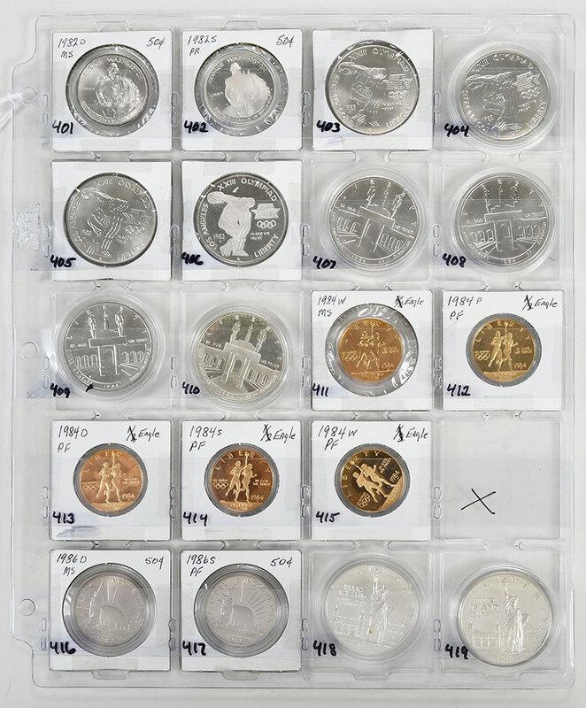 19 Modern Commemorative Coins: clad Half Dollars, 1982-D George Washington; 1982-S George Washington, proof; 1986-D Statue of Liberty; 1986-S Statue of Liberty, proof; silver Dollars, 1983-P Olympic; 1983-D Olympic; 1983-S Olympic;