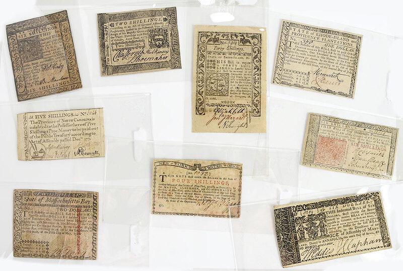 Group of Colonial Notes and Ephemera: 16 notes total, Connecticut, Five Pence, CT-217 (x2); Delaware Six Shilling Colonial Currency, DE-78; Pennsylvania Two Shillings Colonial Currency, PA-187; Rhode Island Forty Shillings Colonial Curren