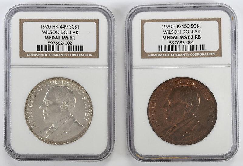 Wilson Dollars, Copper and Silver: 1920, commemorating the opening of the Manila Mint, HK-450 and HK-449 ("So Called Dollars"), accompanied by older lot tickets for Paramount and Henry Christensenÿ - Provenance: A Virginia Collector