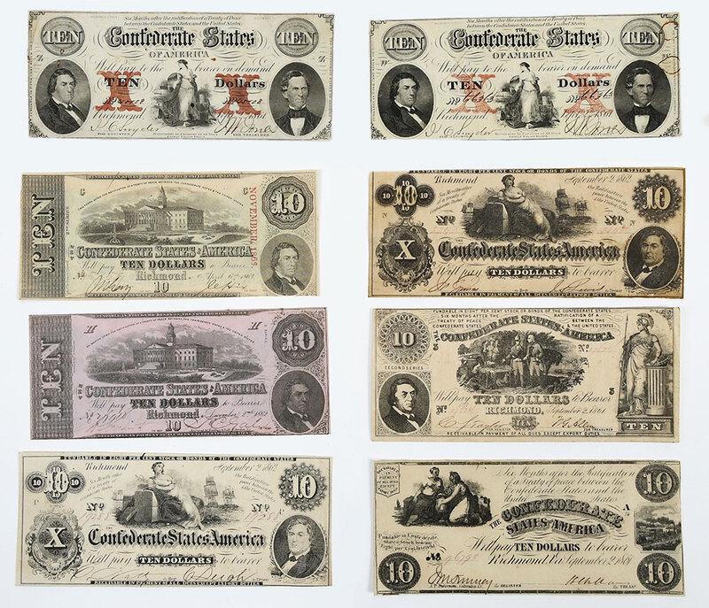 Group of Confederate $10 Notes: T-26 (script watermark); T-26 (block letters watermark); T-28; T-30; T-46 (x2); T-52; T-59ÿ - Provenance: A Virginia Collector