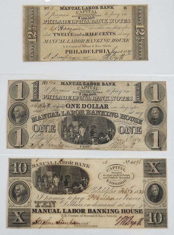 Three Manual Labor Bank, Philadelphia Notes: 12-1/2 Cents; $1; $10ÿ - Note: The $1 and $10 notes have long enjoyed notoriety for a vignette that seemingly pictures an anachronistically out of place Elvis Presley among the working glass blowers.