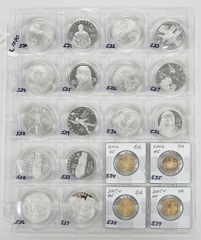 20 Modern Commemorative Coins: silver Dollars, 2004 Thomas Edison; 2004 Thomas Edison, proof; 2004 Lewis and Clark; 2004 Lewis and Clark, proof; 2005 John Marshall; 2005 John Marshall, proof; 2005 Marines; 2005 Marines, proof; 2006